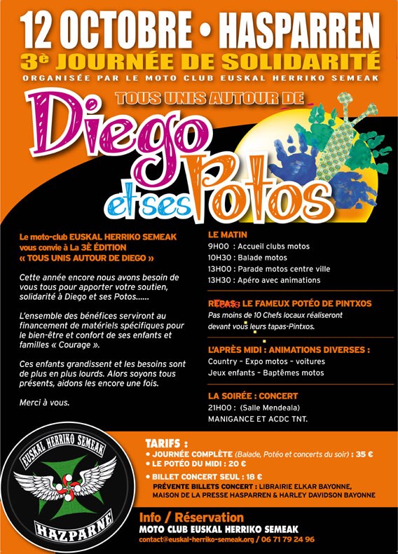 Affiche de la 3e journée de solidarité Tous unis autour de Diego et ses potos, 12 octobre 2019 à Hasparren